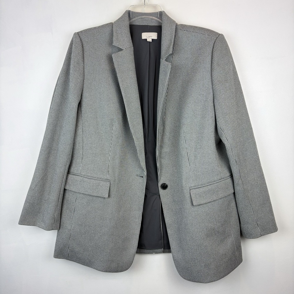 Loft Blazer Women 18 Herringbone Button Gray Professional Jacket Office Layer
